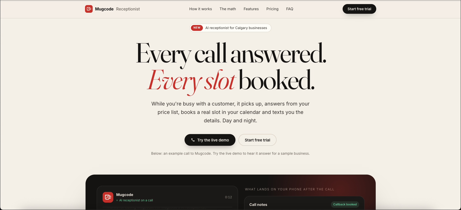 Mugcode Receptionist website preview